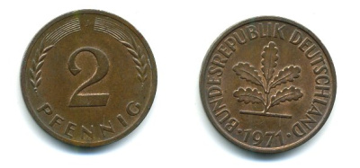 ФРГ 2 пфеннига 1971 J KM 106a, J.381a сталь плакированная медью 3999-1136