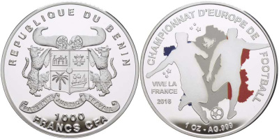 Бенин 1000 франков 2016 Чемпионат Европы по футболу во Франции, эмаль KM NEW серебро PROOF 1081-9-64