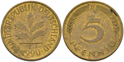 ФРГ 5 ПФЕННИГОВ 1990 D KM 107, J. 382 сталь плакированная латунью 75-519
