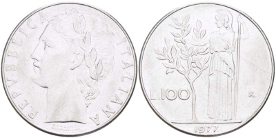 ИТАЛИЯ 100 ЛИР 1977 R, АФИНА KM 96.1 нержавеющая сталь 4526-332
