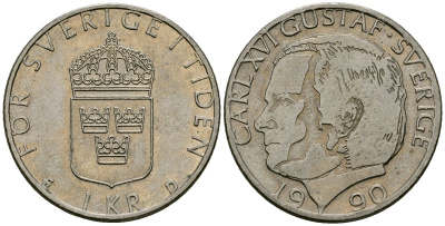 Швеция 1 крона 1990 Карл XVI Густав (1973- ) KM 852a медь плакированная медно-никелем 4176-614