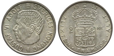 Швеция 2 кроны 1957 TS, Густав VI Адольф (1950-1973) KM 827 серебро 221-611