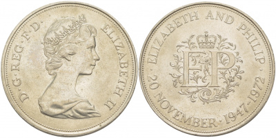 Великобритания 25 пенсов 1972 25 лет со дня свадьбы Елизавтеы II И Филлипа (1947-1972, серебрянная свадьба), Елизавета II (1952-2022) KM 917, Spink 4226 медно-никель 118-614