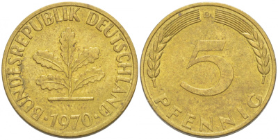 ФРГ 5 ПФЕННИГОВ 1970 D KM 107 J. 382 сталь плакированная латунью 3955-561