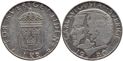 Швеция 1 крона 1980 Карл XVI Густав (1973- ) KM 852 медь плакированная медно-никелем 4397-932