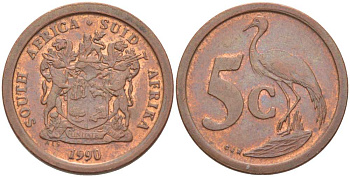 ЮАР 5 ЦЕНТОВ 1990 ГЕРБ, РАЙСКИЙ ЖУРАВЛЬ KM 134 сталь плакированная медью 217-525
