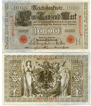 ГЕРМАНИЯ 1000 МАРОК 1910 КРАСНАЯ ПЕЧАТЬ, 7 ЦИФР В НОМЕРЕ Pick 44b бумага 2192-29-2