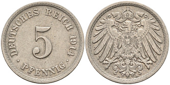 Германия 5 пфеннигов 1914 A KM 11, J. 12 медно-никель 4151-547