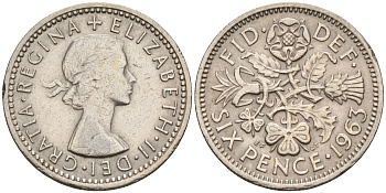 Великобритания 6 пенсов 1963 Елизавета II (1952-2022) KM 903, Spink 4149 медно-никель    4152-1212