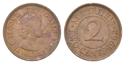 Маврикий 2 цента 1962 Елизавета II (1952-2022) KM 32 бронза 4706-722