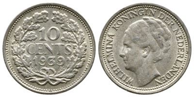 Нидерланды 10 центов 1939 Вильгельмина I (1890-1948) KM 163 серебро 261-617