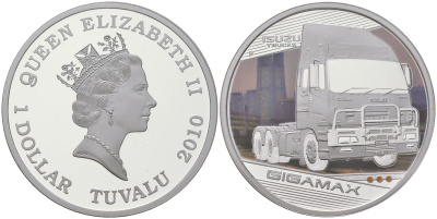 Тувалу 1 доллар 2010 серия грузовые автомобили, короли дорог, Isuzu Gigamax, цветная термопечать KM 142 серебро  PROOF  1091-5-53