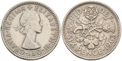 Великобритания 6 пенсов 1963 Елизавета II (1952-2022) KM 903, Spink 4149 медно-никель    4152-1212