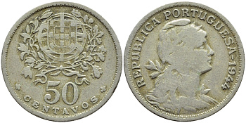 Португалия 50 сентаво 1944 KM 577 медно-никель 4395-824