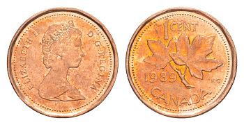 Канада 1 цент 1989 Елизавета II (1952-2022), кленовый лист KM 132 бронза aUNC 4639-364