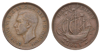 Великобритания 1/2 пенни 1945 Георг VI (1936-1952) KM 844, Spink 4115 бронза 4662-1114
