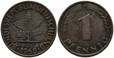 ФРГ 1 пфенниг 1968 J KM 105, J.380 сталь плакированная медью 99-264