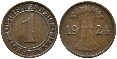 ГЕРМАНИЯ 1 РЕЙХСПФЕННИГ 1924 J KM 37, J. 313 бронза 39-844