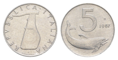 Италия 5 лир 1987 R, плуг, дельфин KM 92 алюминий 4547-1223