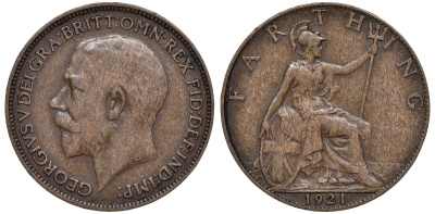 Великобритания 1 фартинг 1921 Георг V (1910-1936) KM 808.2 Spink 4060 бронза 4609-1041