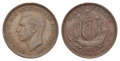 Великобритания 1/2 пенни 1945 Георг VI (1936-1952) KM 844, Spink 4115 бронза 4662-1114