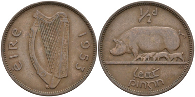 Ирландия 1/2 пенни 1953 свинья с поросятам KM 10 бронза 4132-327