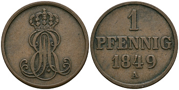 Ганновер 1 пфенниг 1849 A, Эрнст Август (1837-1851) KM 201.2, AKS 130, J. 74 медь 4608-1051