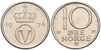 Норвегия 10 эре 1974 Улаф V (1958-1991) КМ 416 медно-никель 4564-1269