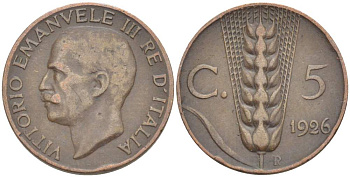 ИТАЛИЯ 5 ЧЕНТЕЗИМО 1926 R, МОНДВОР РИМ, ВИКТОР ЭММАНУИЛ III (1900-1946) KM 59 медь 4525-143