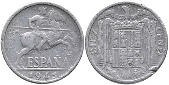 ИСПАНИЯ 10 СЕНТИМО 1945 РЫЦАРЬ НА КОНЕ KM 766 алюминий 110-931