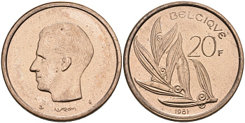 Бельгия 20 франков 1981 Belgique, Бодуэн I (1951-1993) KM 159 никель бронза UNC 4561-223