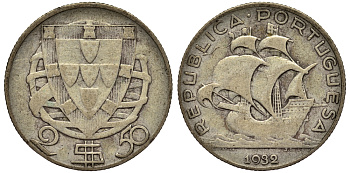 ПОРТУГАЛИЯ 2,5 ЭСКУДО 1932 ПАРУСНИК, ПЕРВЫЙ ГОД KM 580 серебро 1526-1345