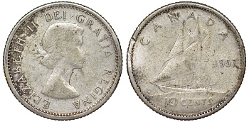 Канада 10 центов 1957 Елизавета II (1952-2022), парусник KM 51 серебро     4178-156