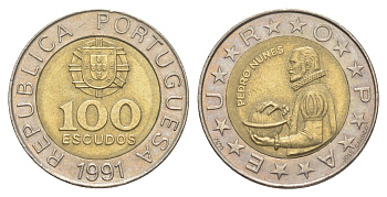 Португалия 100 эскудо 1991 Педру Нуниш (1502-1578), математик KM 645 биметалл 4388-822