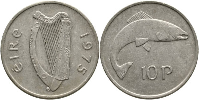 ИРЛАНДИЯ 10 ПЕНСОВ 1975 ЛОСОСЬ KM 23 медно-никель 4531-735