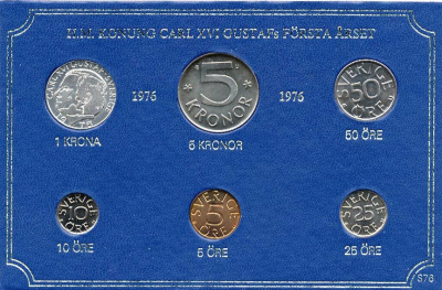 Швеция набор монетного двора из 6 монет 1976 в картоне, Карл XVI Густав (1973- ) KM MS4 UNC 7-5-7-222