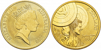 АВСТРАЛИЯ 5 ДОЛЛАРОВ 1997 СИДНЕЙ 2000, ТЯЖЕЛАЯ АТЛЕТИКА KM 361 алюминиевая бронза UNC 118-712