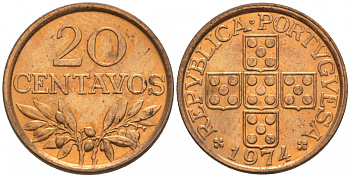 Португалия 20 сентаво 1974  КМ 595 бронза  UNC  M13-14