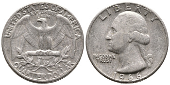 США 25 центов (квотер) 1966 Вашингтон KM 164а медь плакированная медно-никелем 4364-427