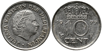 НИДЕРЛАНДЫ 10 ЦЕНТОВ 1977 ЮЛИАНА KM 182 никель 4392-346