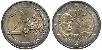 Франция 2 евро 2010 70 лет речи Шарля де Голля "Ко всем французам" KM 1676 биметалл 3856-717