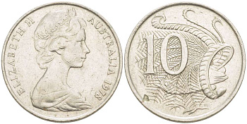 Австралия 10 центов 1978 Елизавета II (1952-), птица лирахвост KM 65 медно-никель 4519-421