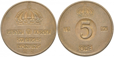 Швеция 5 эре 1960 TS Густав VI Адольф (1950-1973) KM 822 бронза 77-524