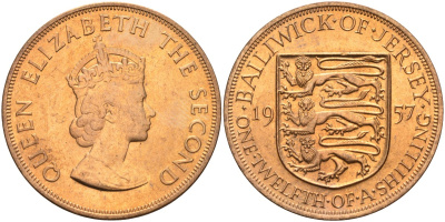 Джерси 1/12 шиллинга 1957 Елизавета II (1952-2022) KM 21 бронза aUNC 4367-334