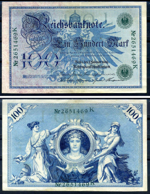 Германия 100 марок 1908 7 февраля 1908, выпуск конец 1916 - ноябрь 1918, зеленая печать Pick 34 бумага 8619-28-2-1