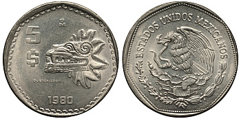МЕКСИКА 5 ПЕСО 1980 АЦТЕКСКАЯ СКУЛЬПТУРА, ПЕРНАТЫЙ ЗМЕЙ КЕТЦАЛЬКОАТЛЬ KM 485 медно-никель XF- 215-732
