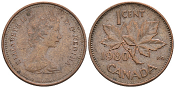 Канада 1 цент 1980 Елизавета II (1952-2022), кленовый лист KM 127 бронза 4609-154