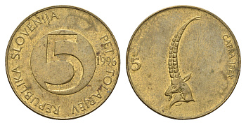 Словения 5 толаров 1996 ибекс, альпийский горный козёл KM 6 латунь 4703-731
