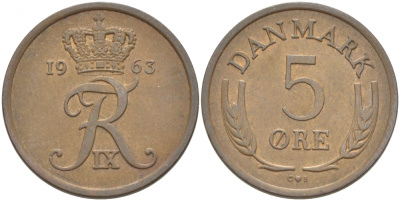 Дания 5 эре 1963 C; S, Фредерик IX (1947-1972) KM 848.1 бронза 4402-1221
