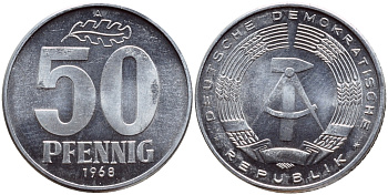 ГДР 50 пфеннигов 1968 А KM 12.2 алюминий UNC 76-1045